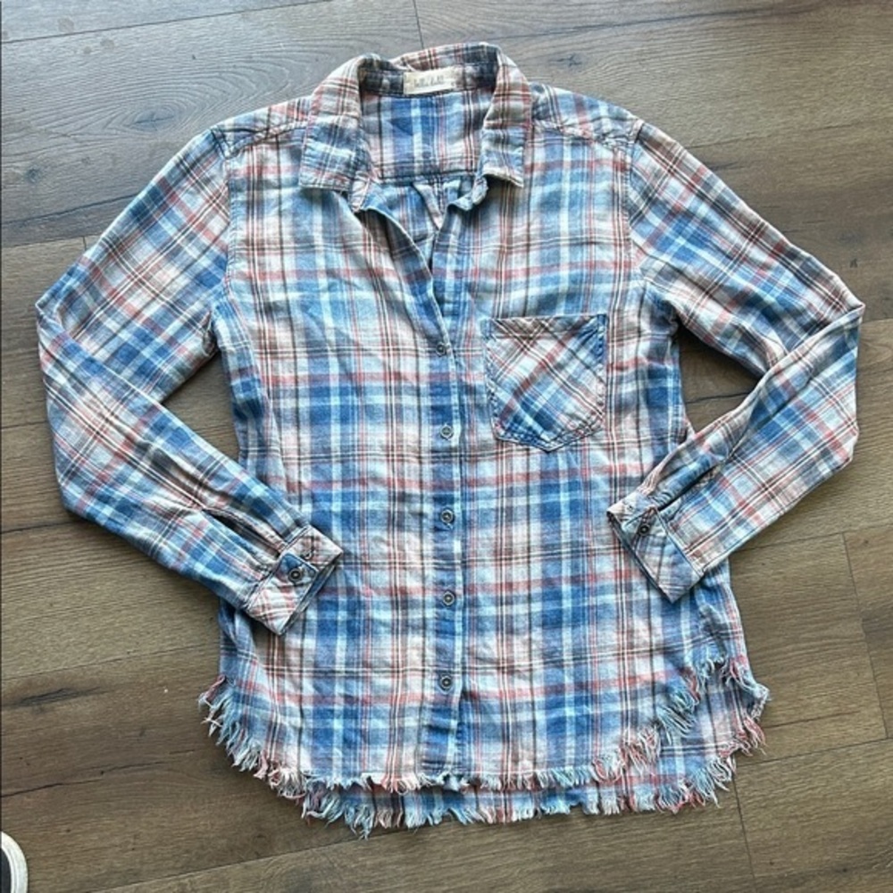 Bella Dahl Plaid Button-Up Shirt with Frayed Hem ! Small